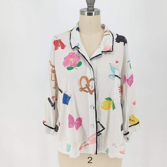 Kate Spade Girly Print Button Down Sleep Shirt White L pajama preppy casual - Picture 1 of 9